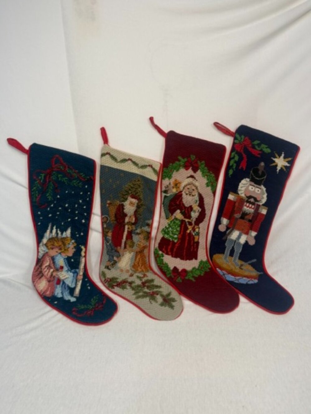Peking Handicraft Christmas Stockings Lot 4 Vintage Wool Needlepoint 18"